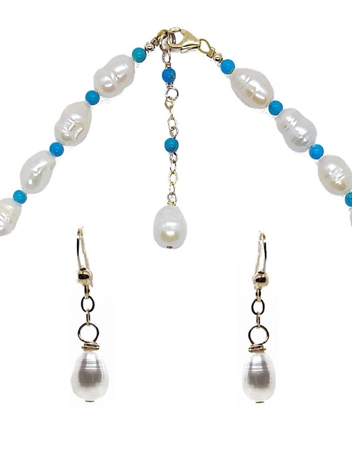 Set de gargantilla y aretes María Karina perla con turquesa y perla colgante