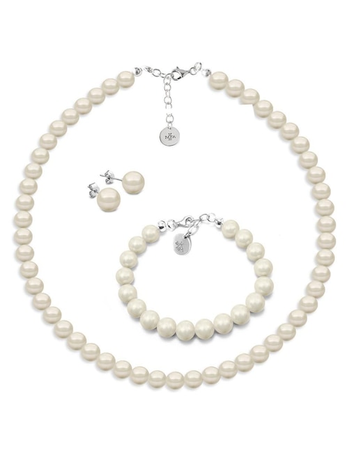 Aretes, collar y pulsera redondos Zvezda Pearls plata cristal