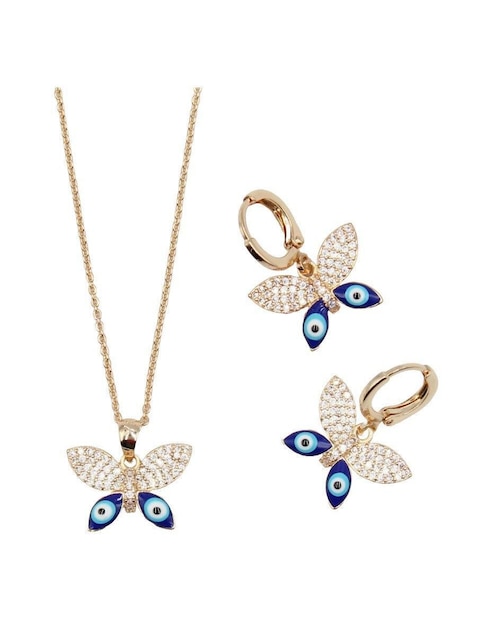 Aretes y collar de mariposa Ojo Turco de baño de oro 14 k zirconia cúbica Aretes y collar de mariposa Ojo Turco de baño de oro 14 k zirconia cúbica