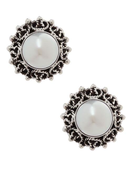 Aretes redondos Grecas de plata P 925 con acabado brillante perla 1