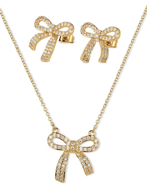 Aretes y collar de moño Luckyly moñitos linda baño de oro 14k zirconia cúbica