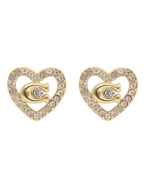 Aretes cortos de corazón COACH 2.1 Pave Heart And C's con acabado brillante cristal