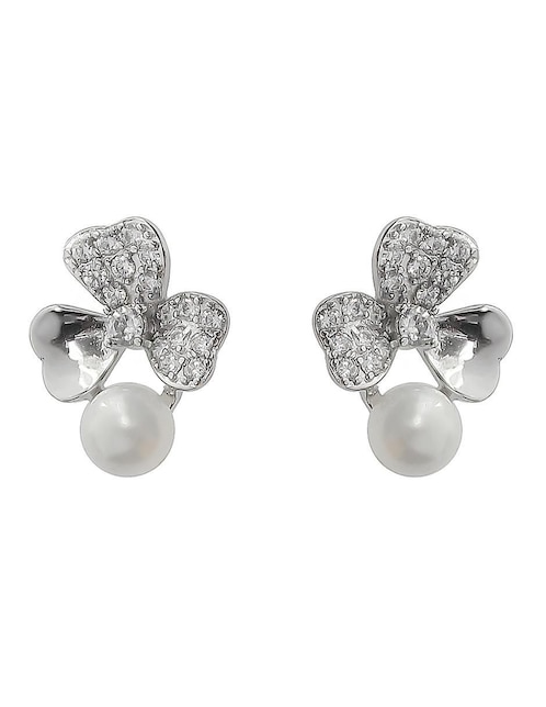 Aretes de trébol Sofia Blum de plata P 925 con acabado baño rodio circonita