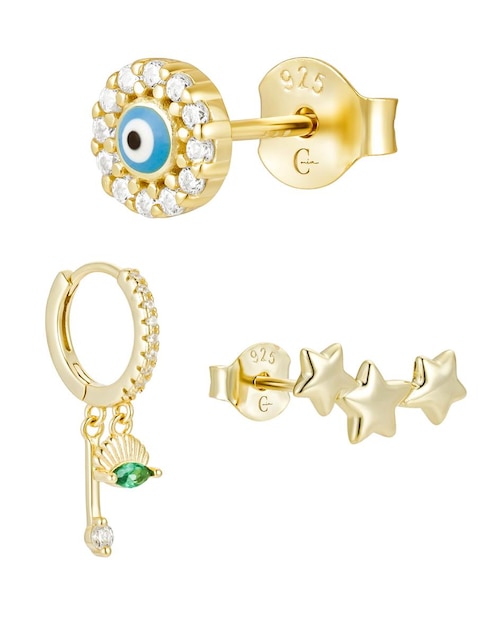 Set de aretes de ojo turco Carmela Mía de plata P 925 con acabado baño de oro zirconia