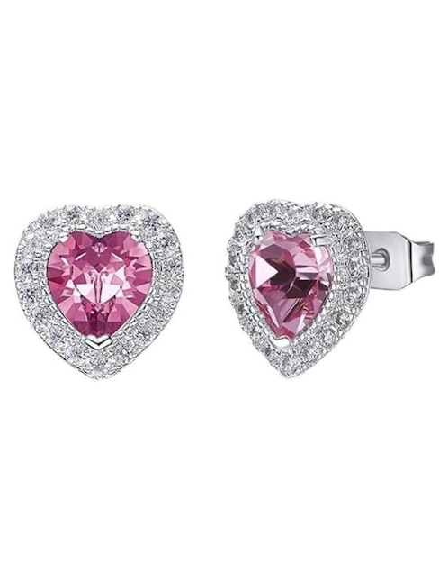 Aretes de corazón Mayfer Joyería con acabado baño rodio cristal