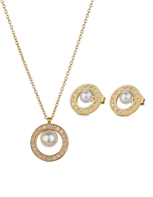 Set de collar y aretes Luckyly Emy baño de oro 14 K perla
