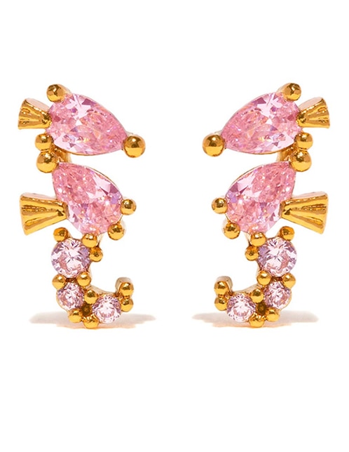 Aretes cortos de caballito de mar Animals 18 K con acabado chapa de oro zirconia cúbica 1