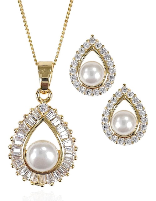 Aretes y collar baño de oro 18 k perla de cristal