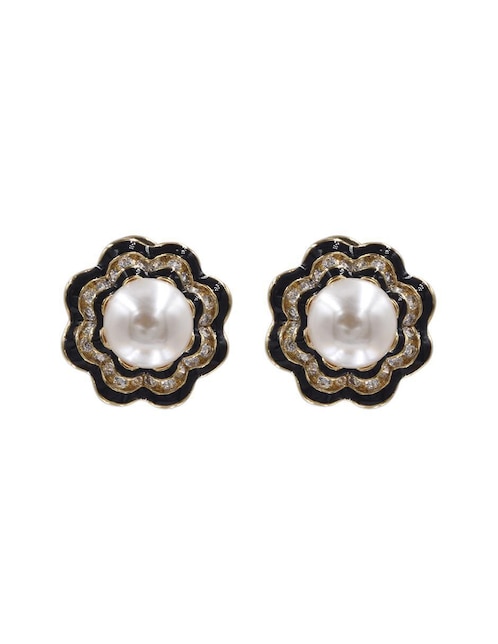 Broqueles de flor Arette perla con zirconia de acero inoxidable con acabado chapa de oro perla