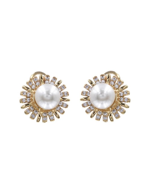 Broqueles de flor Arette perla y zirconia de acero con acabado chapa de oro perla