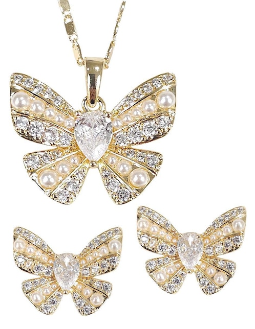 Aretes y collar de mariposa 18 K perla de cristal 1