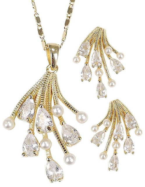 Aretes y collar Og 18 K perla de cristal