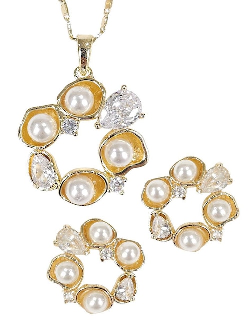 Aretes y collar de corona Og 18 K perla de cristal