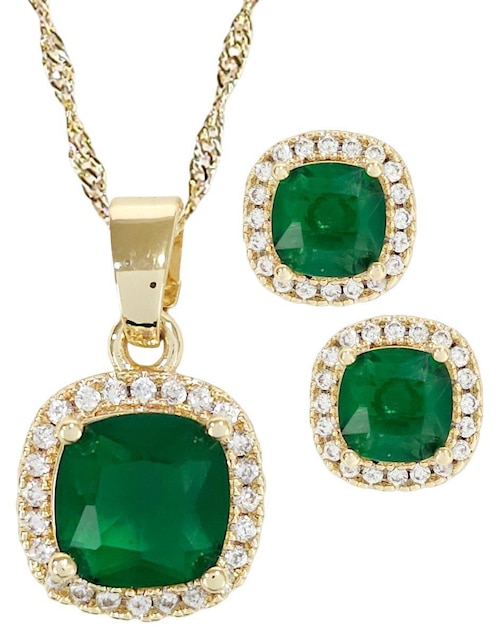 Aretes y collar cuadrados baño de oro 18 K zirconia