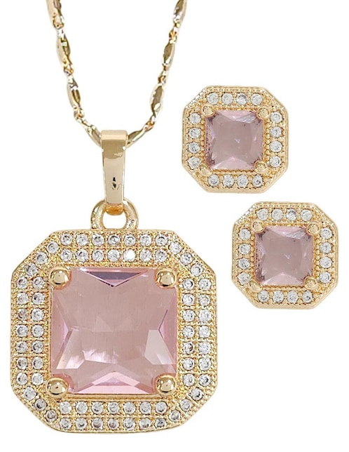 Aretes y collar hexagonales baño de oro 18 K zirconia