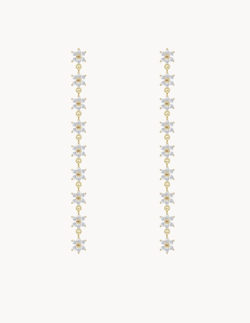 Aretes largos flor Olivia Wilde 18 k con acabado baño de oro circonita 1
