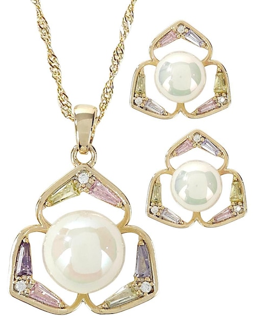Aretes y collar de oro laminado 18 k perla de cristal
