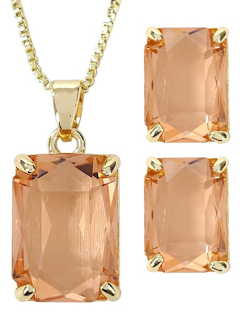 Aretes y collar rectangular Og de oro laminado 18 K zirconia