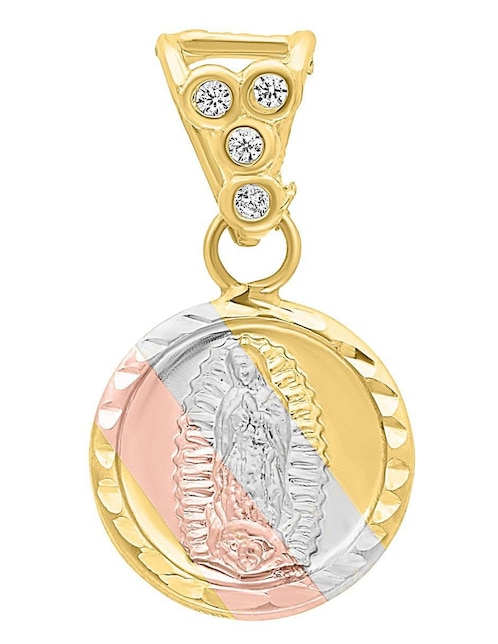Dije redondo Horoz virgen de guadalupe de oro 14 K zirconia