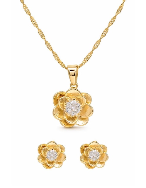 Aretes y collar de flor Oro Angelus zirconia