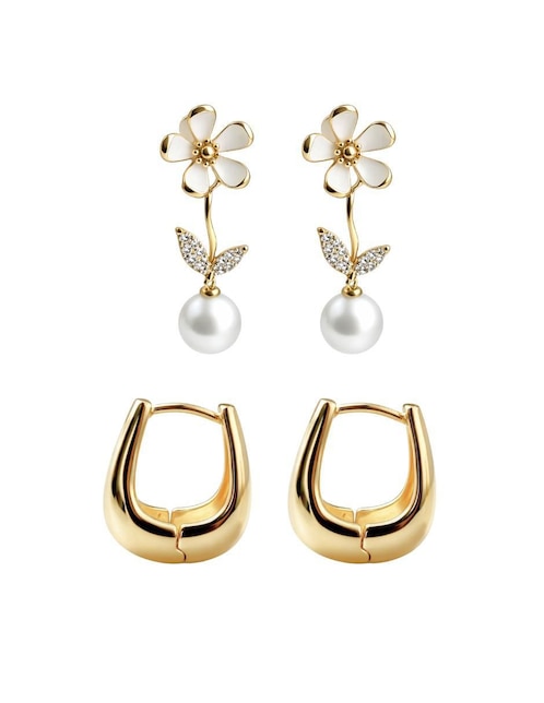 Set de aretes de flor 14 K con acabado chapa de oro perla de cristal