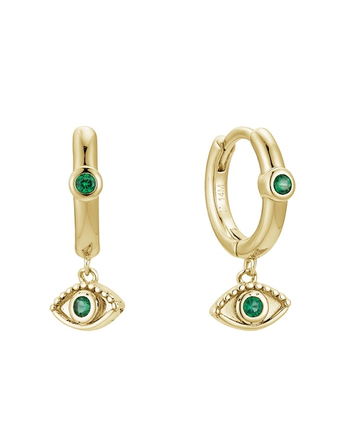 Aretes huggies de ojo turco 14 K con acabado baño de oro zirconia 1