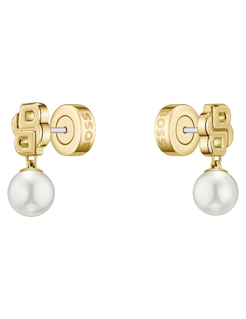Aretes cortos Hugo Boss Double B Mirelle con acabado brillante imitación perla