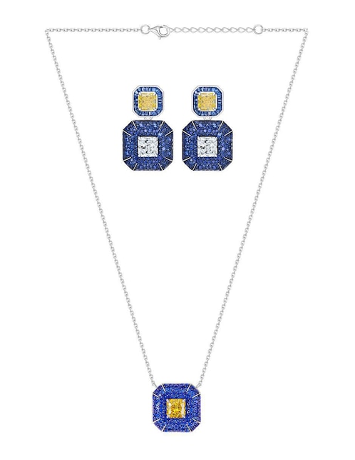Aretes y collar octagonal de plata P 925 zafiro