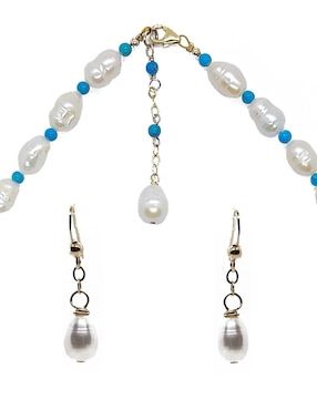 Set de gargantilla y aretes María Karina perla con turquesa y perla colgante