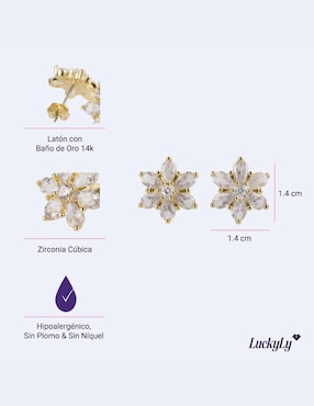 Broqueles de flor Luckyly con acabado baño de oro zirconia cúbica