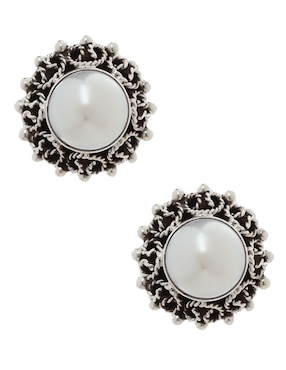 Aretes redondos Mauricio Serrano Jewelry Grecas de plata P 925 con acabado brillante perla