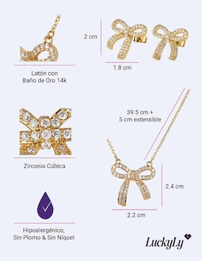 Aretes y collar de moño Luckyly moñitos linda baño de oro 14k zirconia cúbica