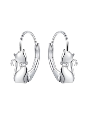 Aretes Huggies De Gato Miow Kiki Collection De Plata P 925 Con Acabado Baño Rodio Zirconia