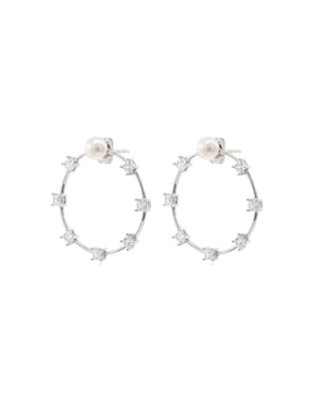 Aretes Largos Circulares Mayfer Joyería Nupcial De Plata P 925 Con Acabado Baño Rodio Perla