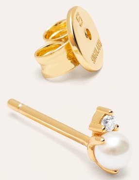 Aretes huggies Singularu de plata con acabado Baño de oro 18 K Perla