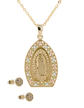 Aretes Y Collar Oro Angelus Virgen De Guadalupe Zirconia