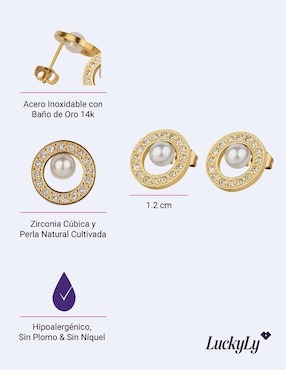 Aretes circulares Luckyly Emy con acabado baño de oro perla