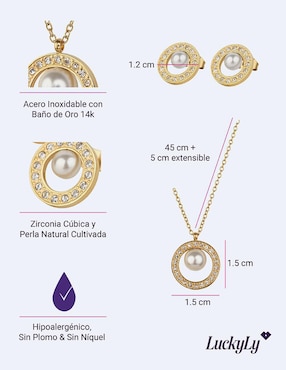 Set de collar y aretes Luckyly Emy baño de oro 14 K perla