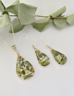 Aretes y collar degota Petick Follaje Verde de plata P925