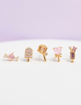 Set de aretes Girls Crew Food 18 K con acabado chapa de oro zirconia cúbica
