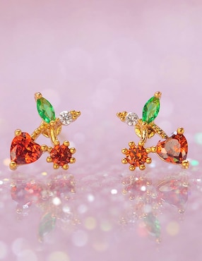 Aretes cortos de cereza Girls Crew Fuit 18 K con acabado chapa de oro zirconia cúbica