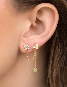 Aretes largos de flor Girls Crew Garden con acabado chapa de oro 18 K zirconia