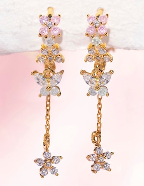 Aretes largos de flor Girls Crew Garden 18 k con acabado chapa de oro zirconia cúbica