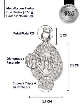 Medalla de gota Vanguardia Joyera virgen de guadalupe de plata P 925