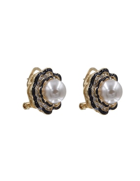 Broqueles de flor Arette perla con zirconia de acero inoxidable con acabado chapa de oro perla