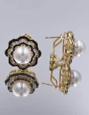 Broqueles de flor Arette perla con zirconia de acero inoxidable con acabado chapa de oro perla