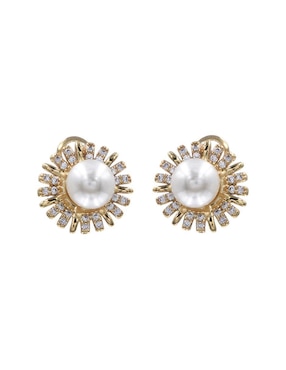 Broqueles de flor Arette perla y zirconia de acero con acabado chapa de oro perla