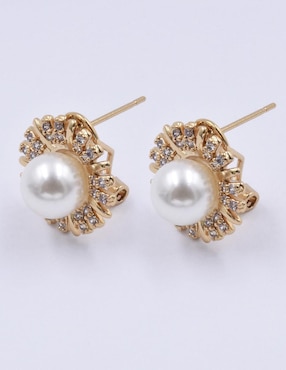 Broqueles de flor Arette perla y zirconia de acero con acabado chapa de oro perla