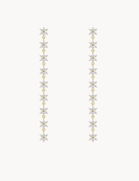 Aretes largos flor Apodemia Olivia Wilde 18 k con acabado baño de oro circonita