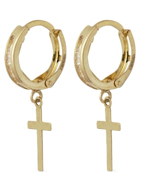 Aretes huggies de cruz Horoz de oro 10 k con acabado pulido zirconia